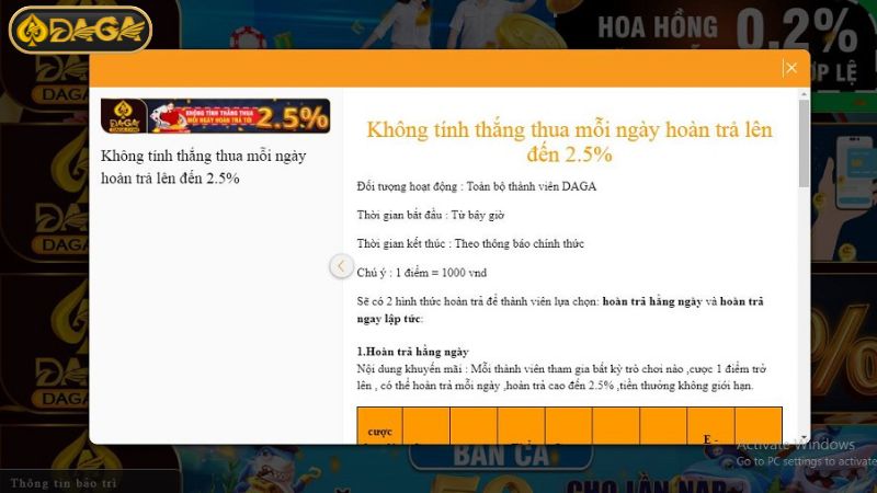 Cập nhật thông tin về thể lệ tham gia khuyến mãi hoàn trả DAGA